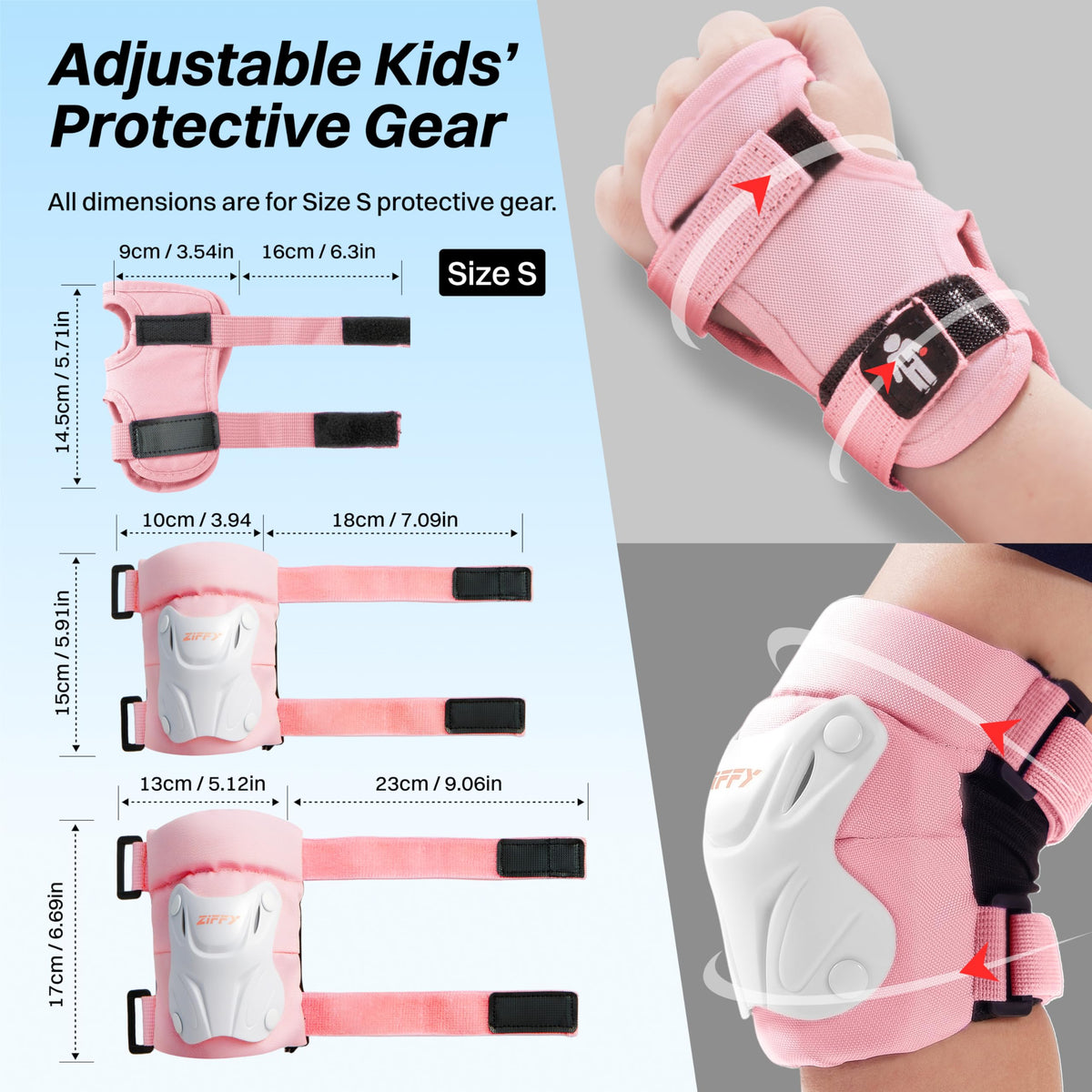 ZIFFY Kids Knee & Elbow Pads Set with Wrist Guards - Adjustable Protective Gear