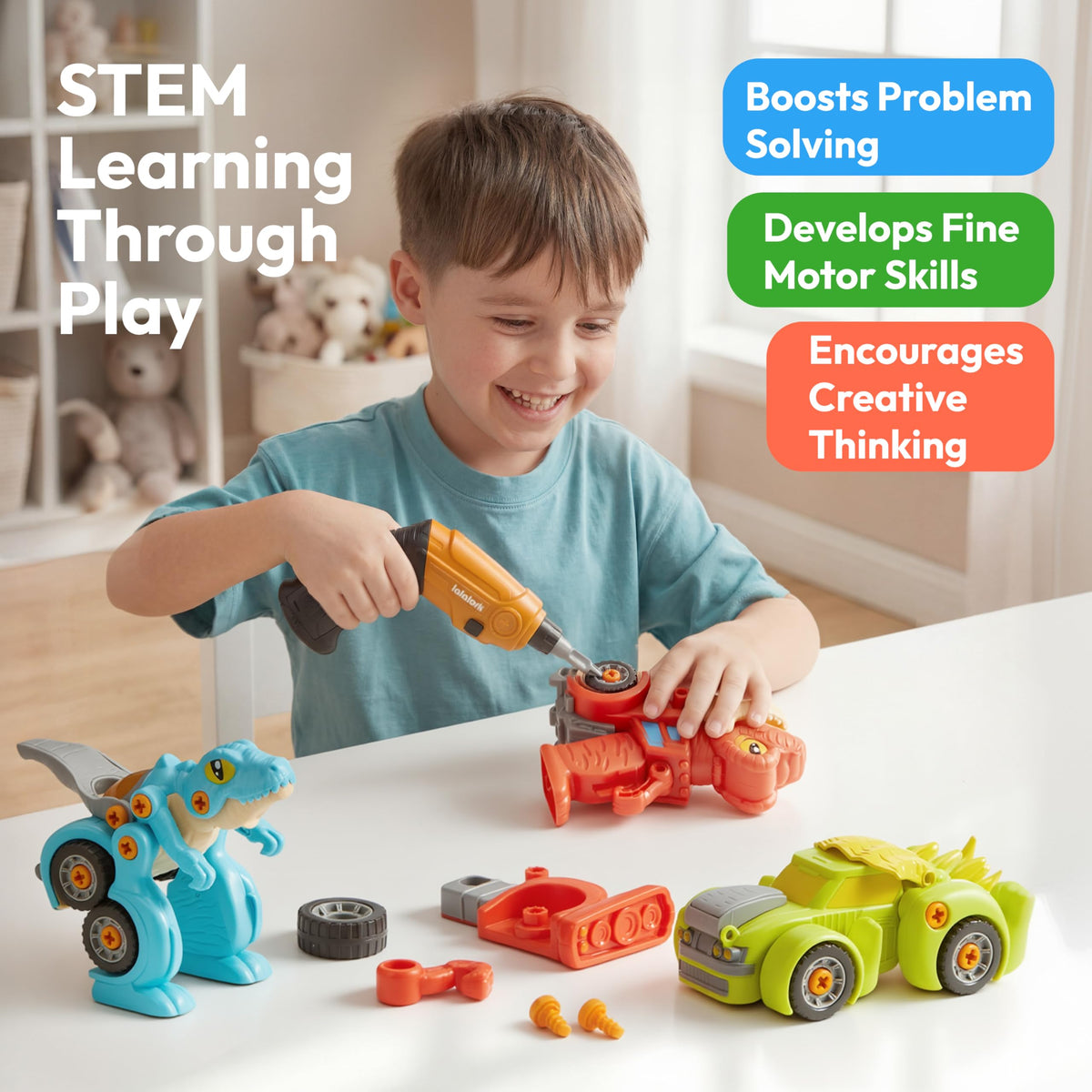 Play-Act Dinosaur Take Apart Car Toy - Electric Drill STEM Building Set