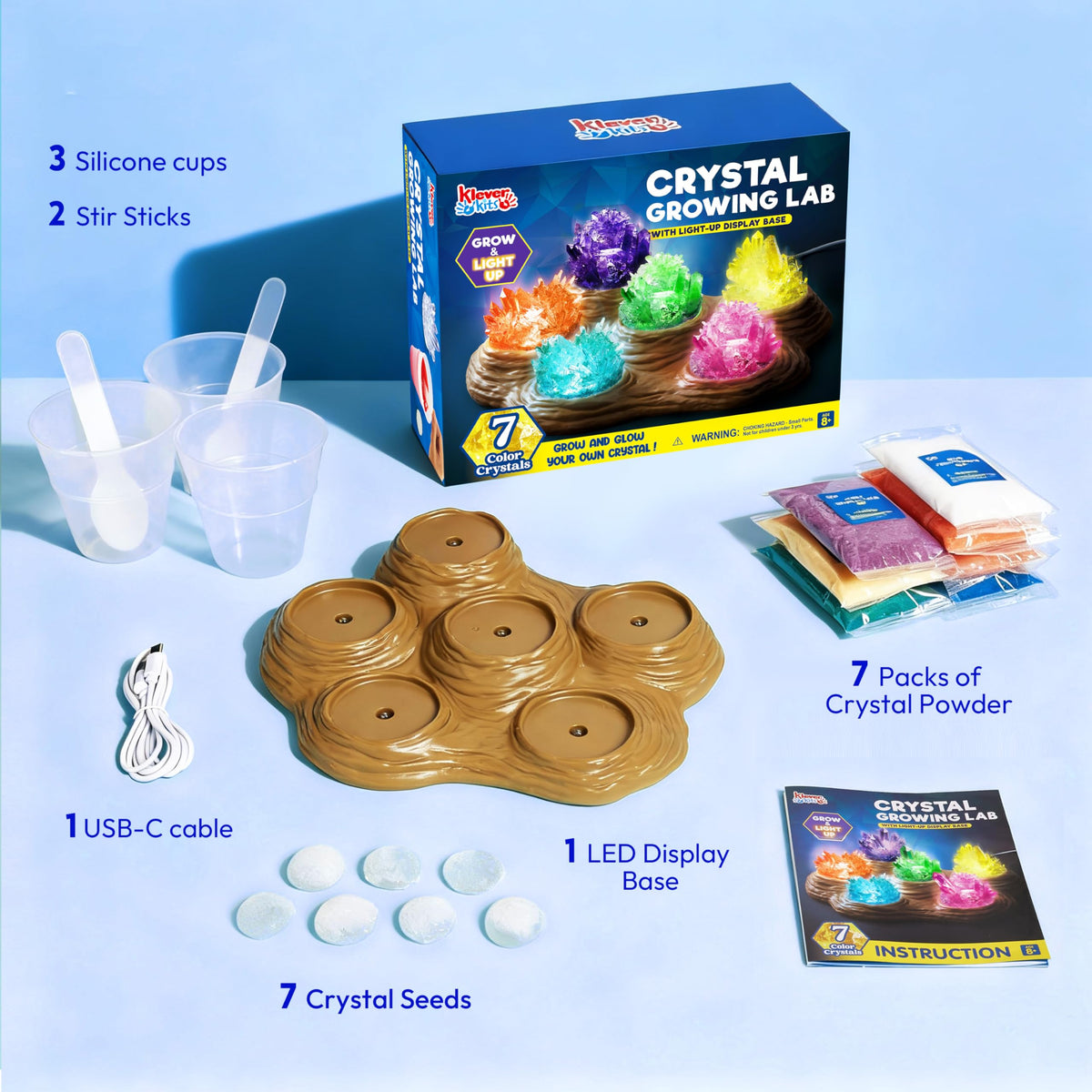 Klever Kits Crystal Growing Lab - 7 Color Kit with Light-Up Base
