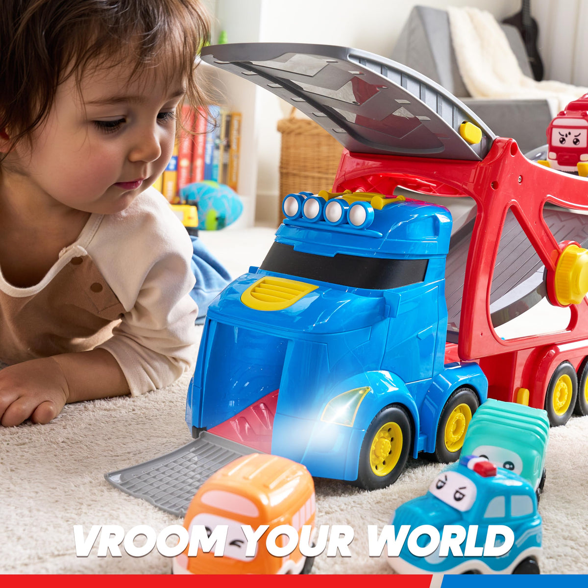 VROOMIX 7-in-1 City Transport Carrier Truck Set with Lights & Sounds