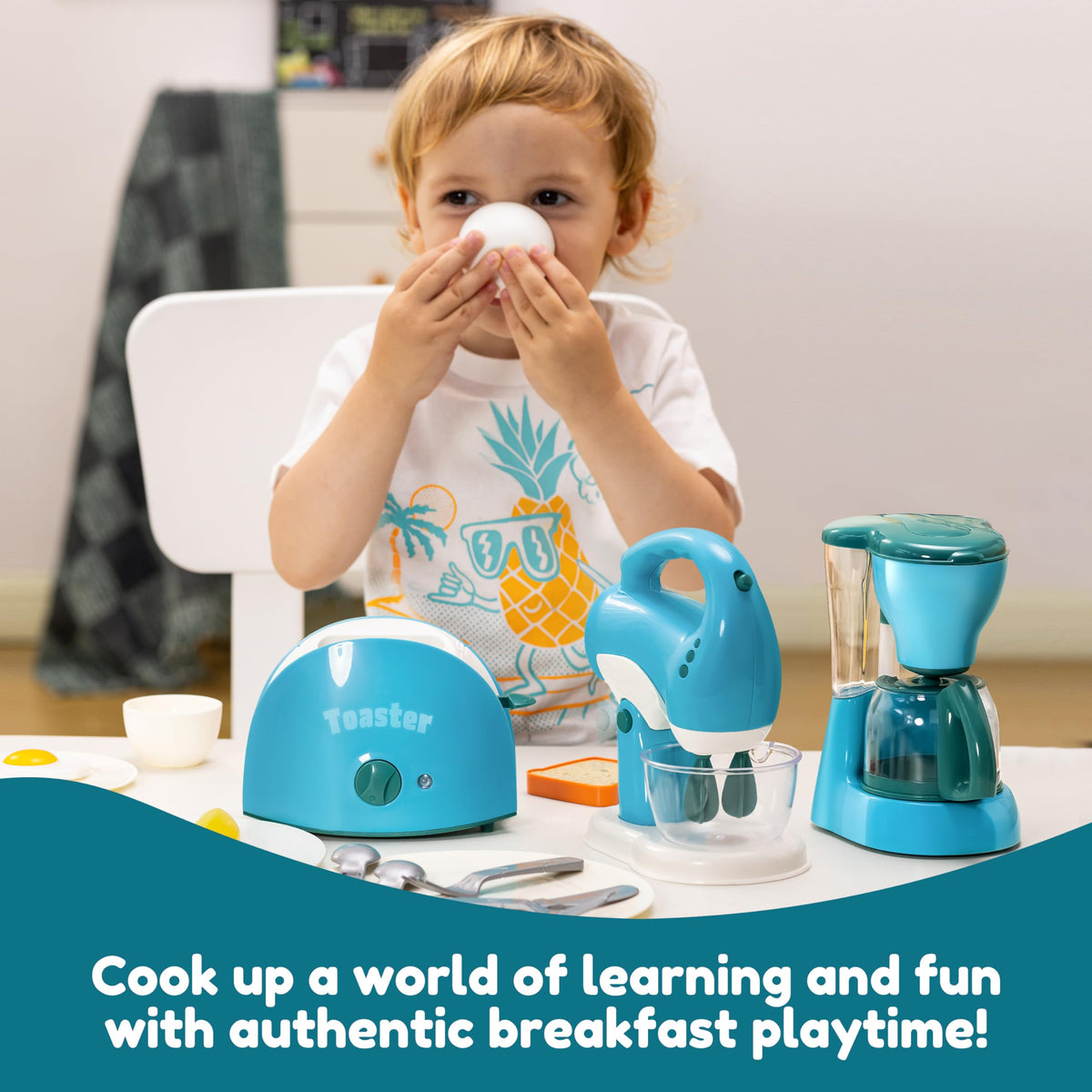 Play-Act Play Kitchen Toy Set – Blue Coffee Maker, Mixer & Toaster with Lights