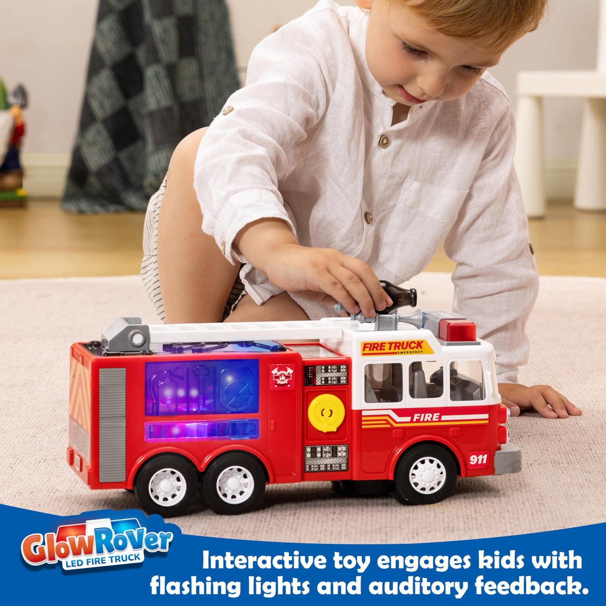 VROOMIX LED Bump & Go Fire Truck Toy with Sirens & Volume Control