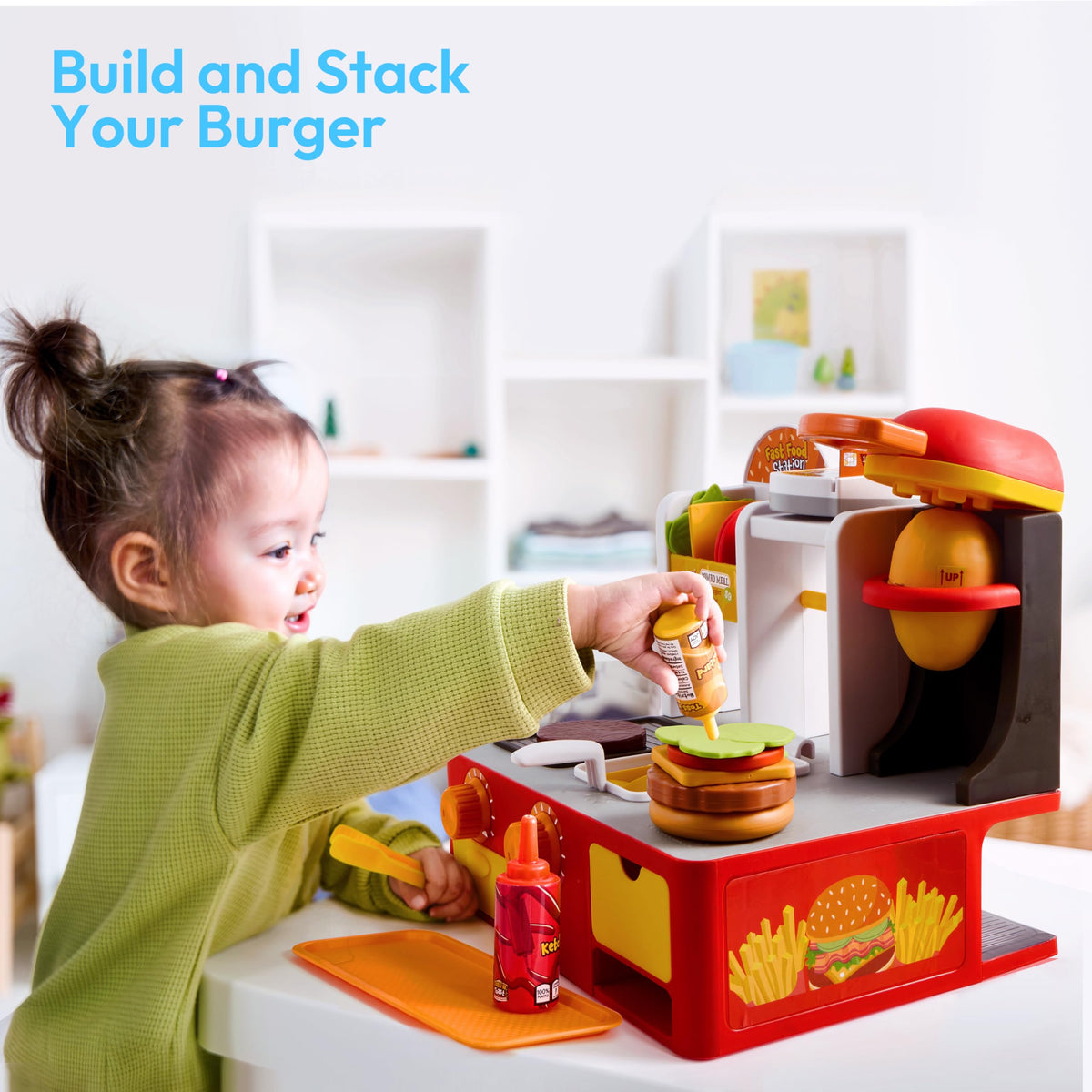 Play-Act 40+ PCS Restaurant Play Food Set - Fast Food Playset with Lights