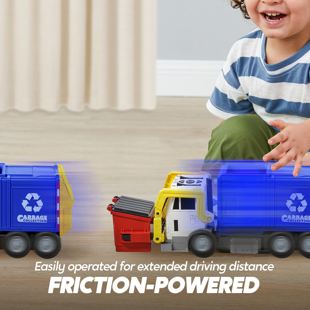 Vroomix Large Friction Powered Garbage Truck - 30 Learning Cards, Blue