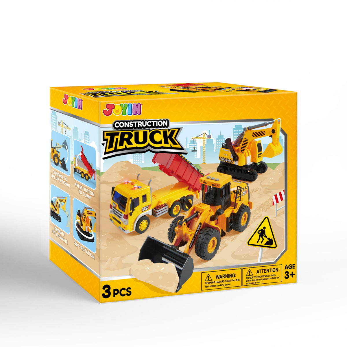 VROOMIX 3-Pack Construction Truck Toy Set (Excavator, Dump Truck & Loader)