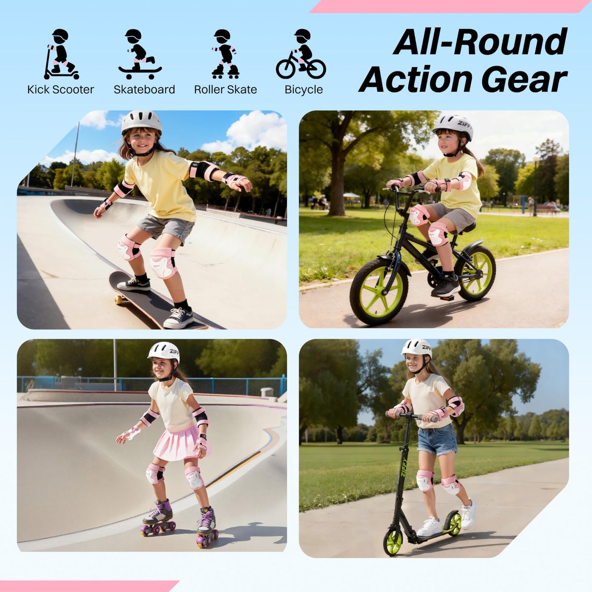 ZIFFY Kids Knee & Elbow Pads Set with Wrist Guards - Adjustable Protective Gear