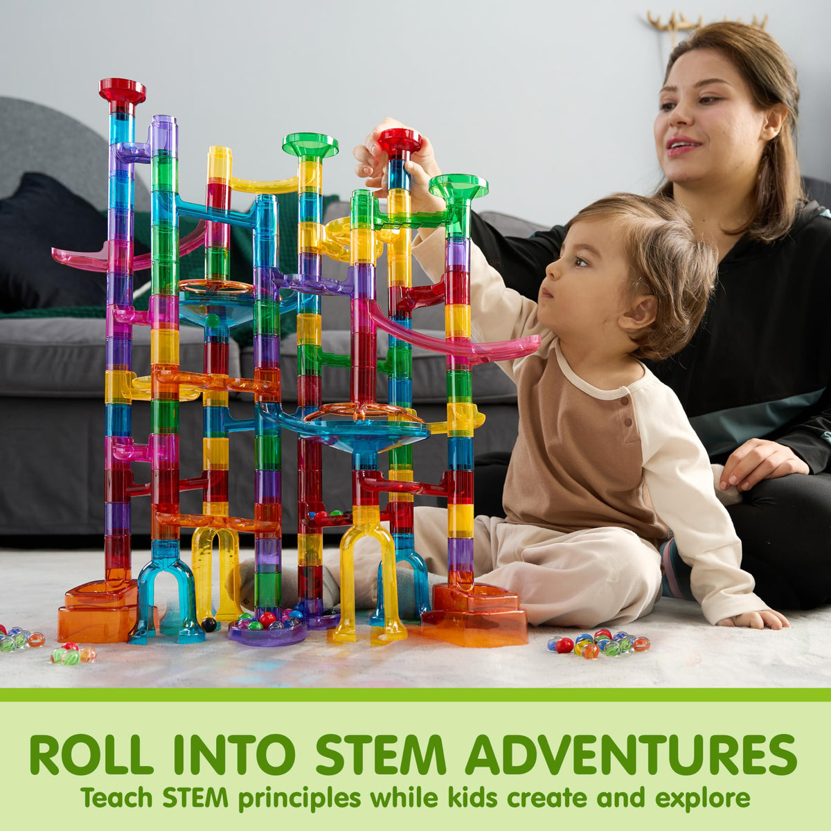Play-Act 137 PCS Glow Marble Run - STEM Building Blocks Toy with 15 Marbles