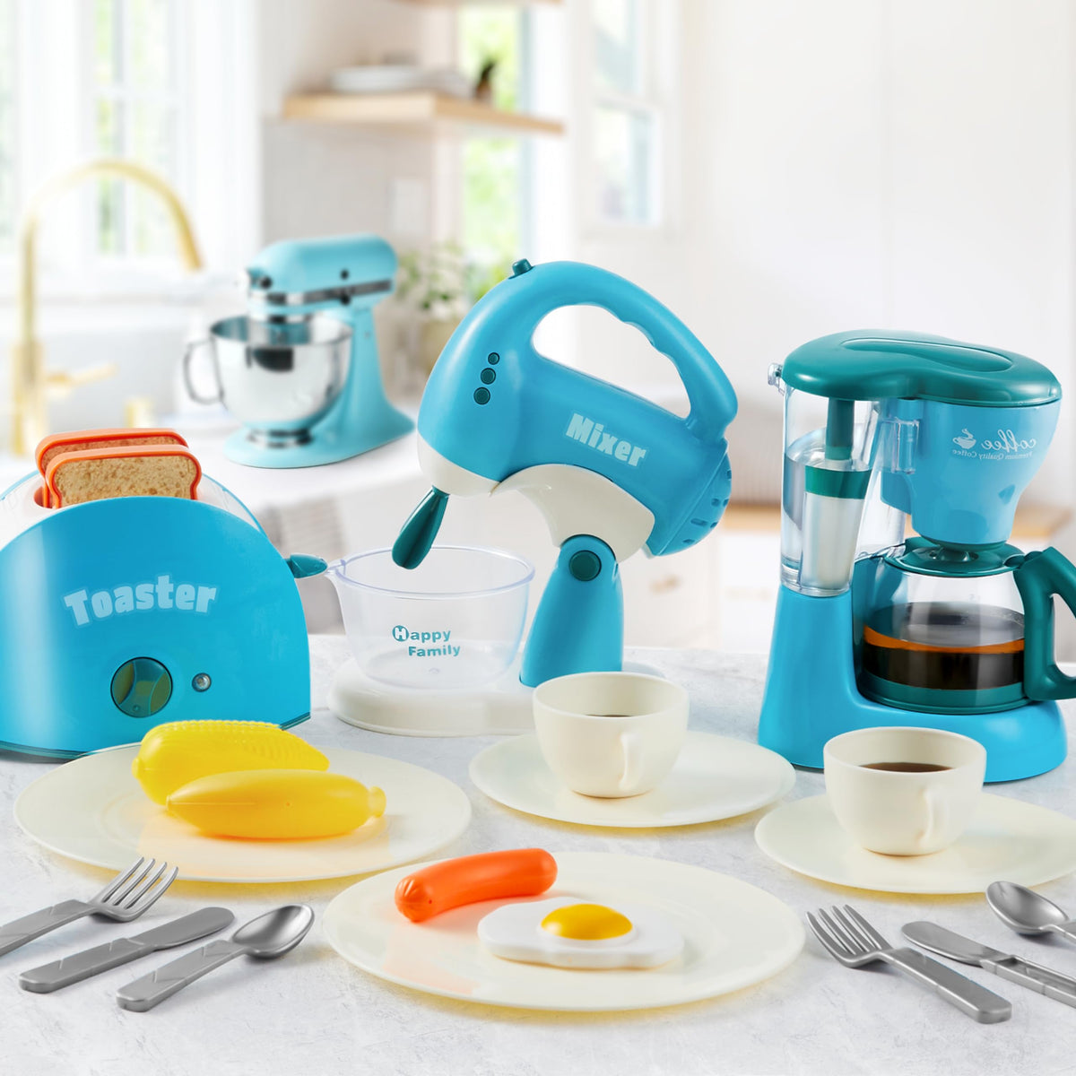 Play-Act Play Kitchen Toy Set – Blue Coffee Maker, Mixer & Toaster with Lights