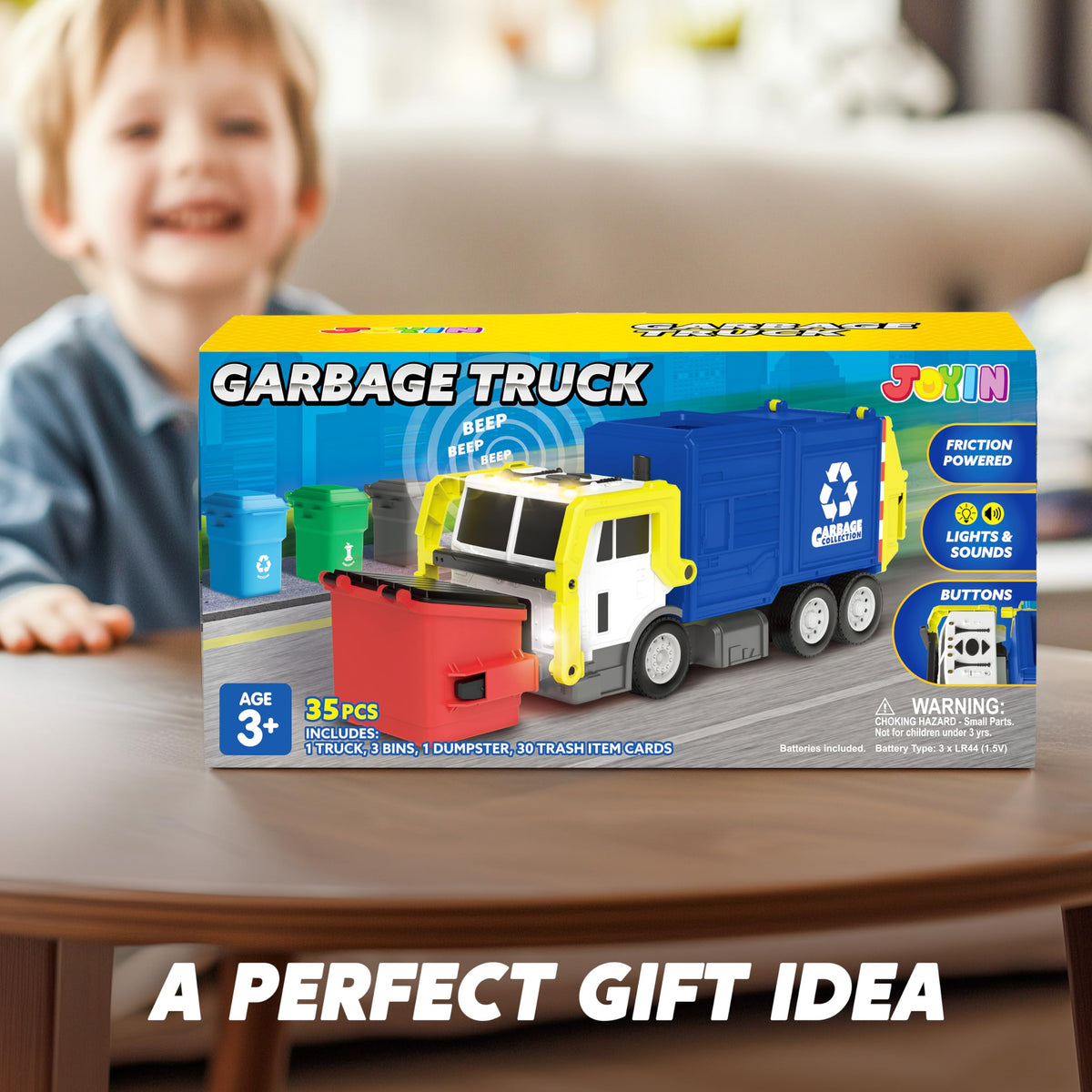 Vroomix Large Friction Powered Garbage Truck - 30 Learning Cards, Blue