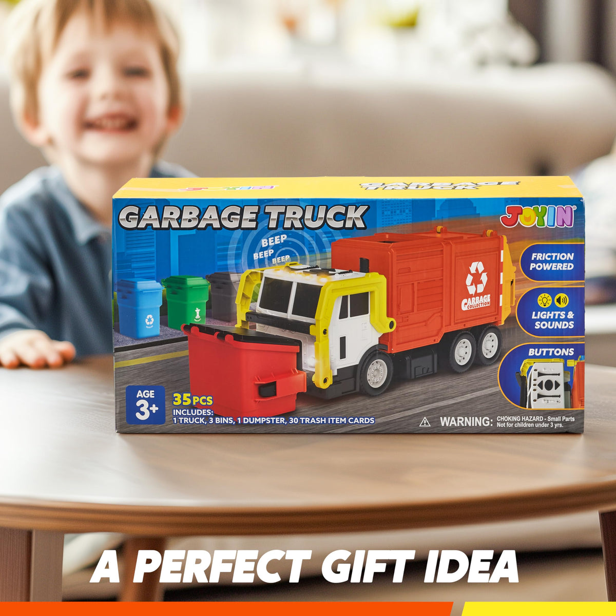 Vroomix Large Friction Powered Garbage Truck - Learning Cards, Orange