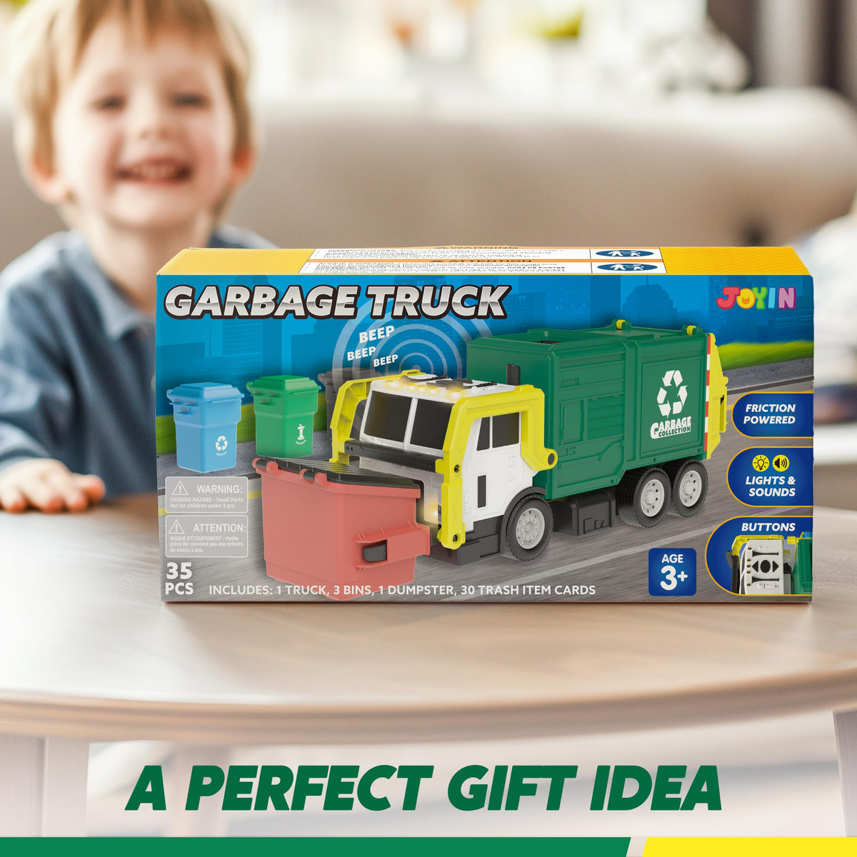 Vroomix Large Friction Powered Garbage Truck - 30 Learning Cards for Kids