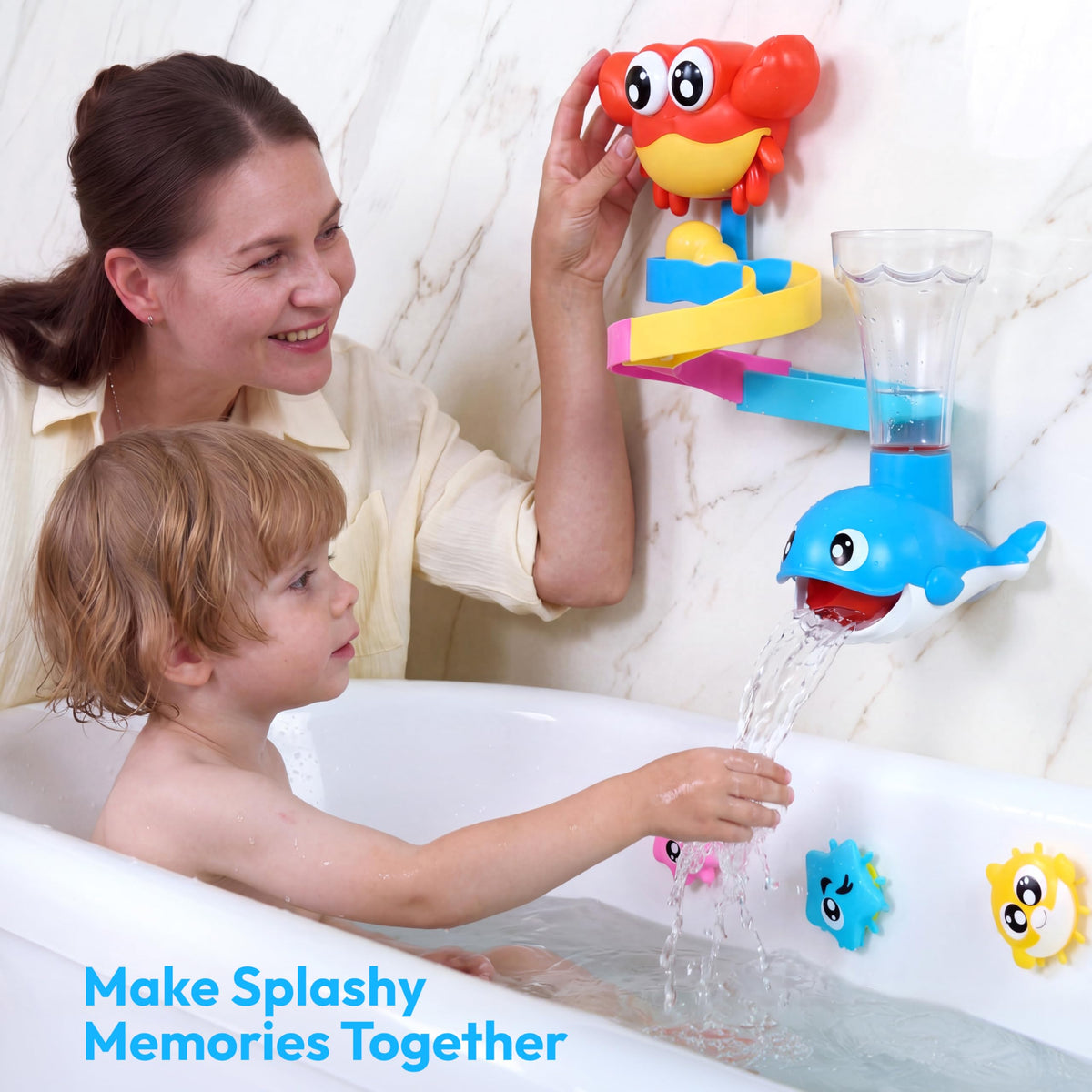 Play-Act 7-in-1 Shower Bath Toy Set - Crab, Whale & Rotating Fish