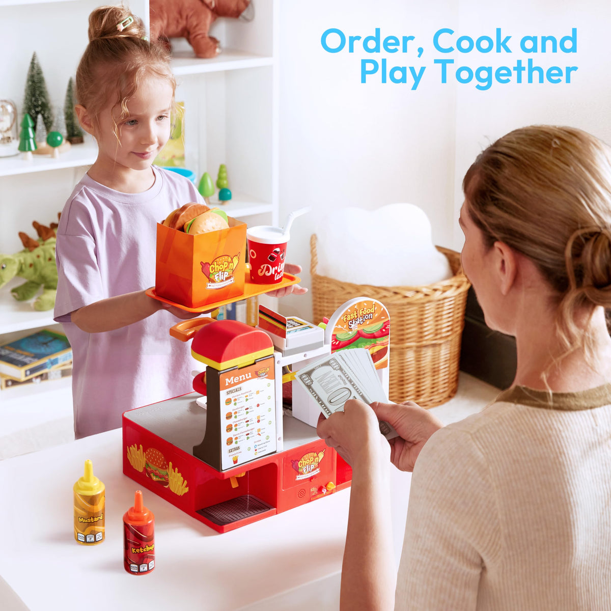 Play-Act 40+ PCS Restaurant Play Food Set - Fast Food Playset with Lights