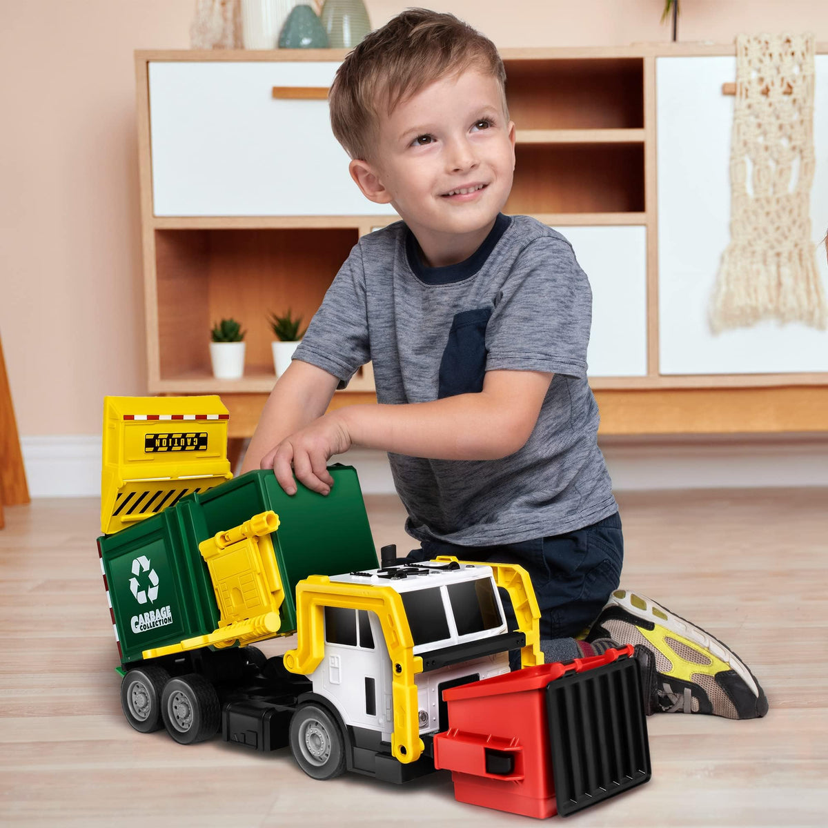 Vroomix Large Friction Powered Garbage Truck - 30 Learning Cards for Kids