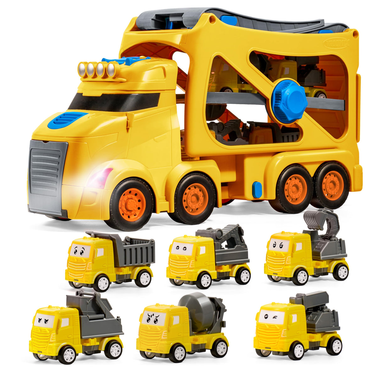 VROOMIX 7-in-1 Construction Transport Carrier Truck Set with Lights & Sounds
