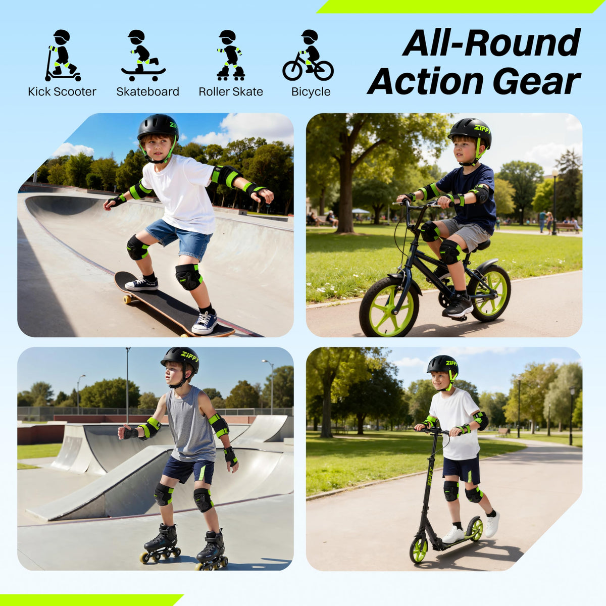 ZIFFY Kids Knee & Elbow Pads Set with Wrist Guards - Adjustable Protective Gear