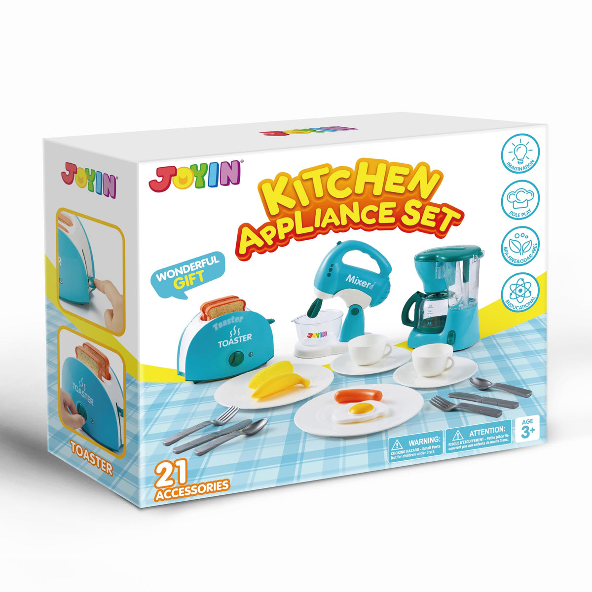 Play-Act Play Kitchen Toy Set – Blue Coffee Maker, Mixer & Toaster with Lights