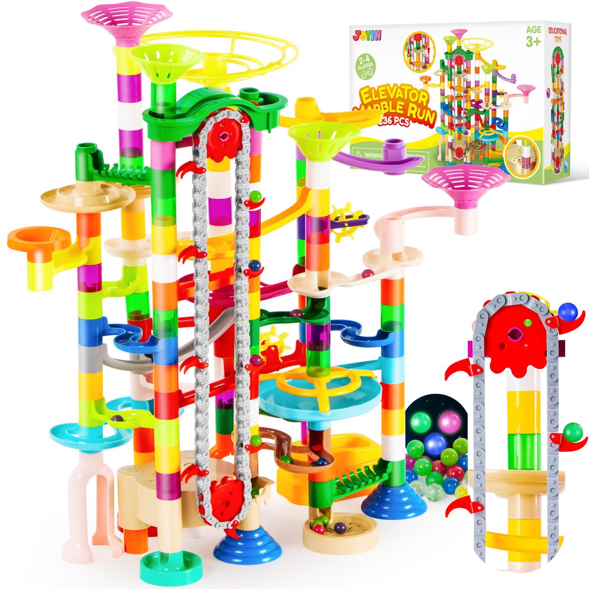 Play-Act 236 PCS Glow Marble Run - Motorized Elevator, Endless Loops