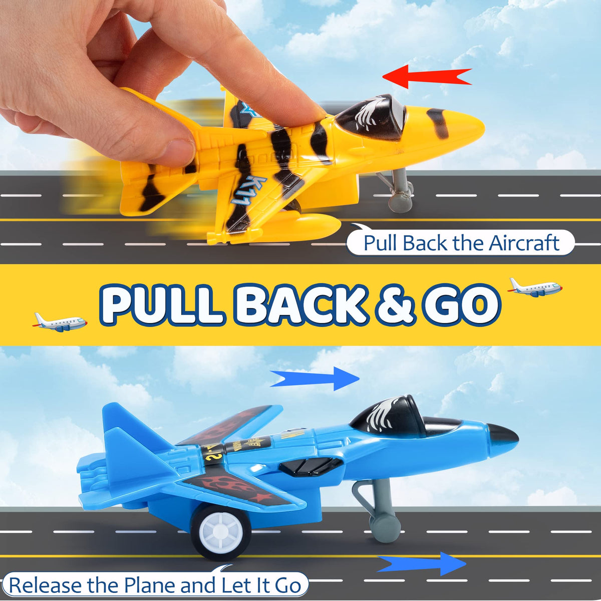 VROOMIX 16-Piece Pull-Back Airplane Toy Set (Fighter Jets, Helicopters & Bombers)