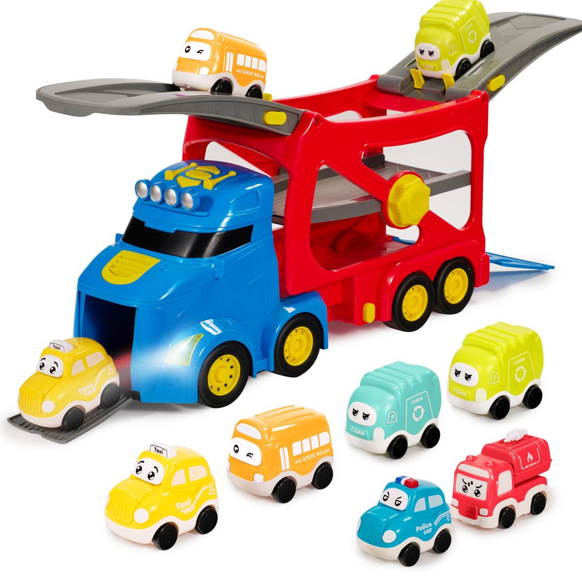 VROOMIX 7-in-1 City Transport Carrier Truck Set with Lights & Sounds